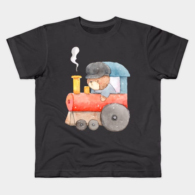 Bear Riding Train Watercolor for Kids Kids T-Shirt by LaarniGallery